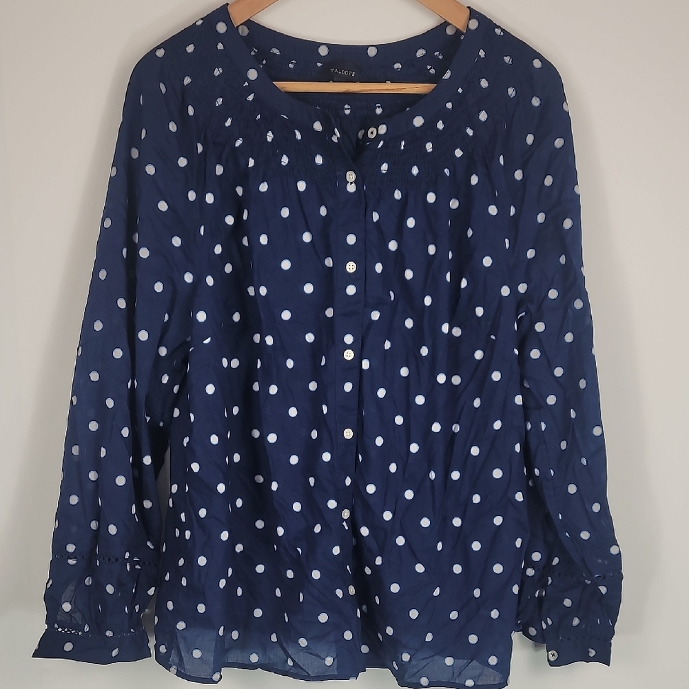 Talbots Navy Dark Blue Blouse with White Dots - Picture 2 of 9